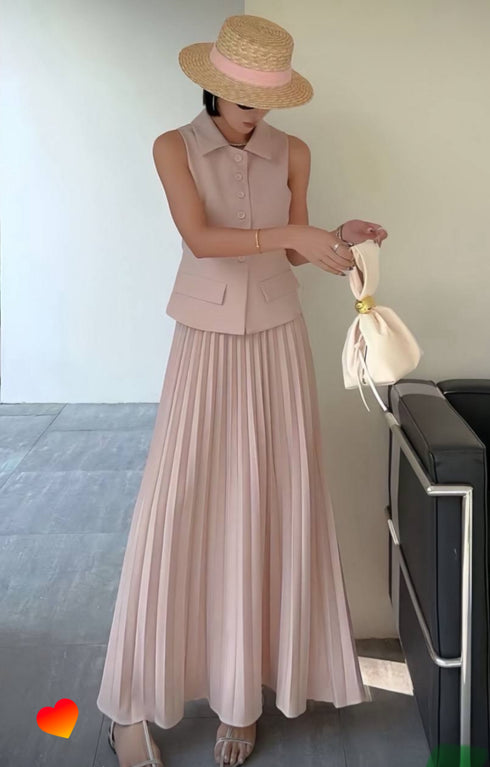 Casual Collar Vest With Pleated Long Skirts Sets